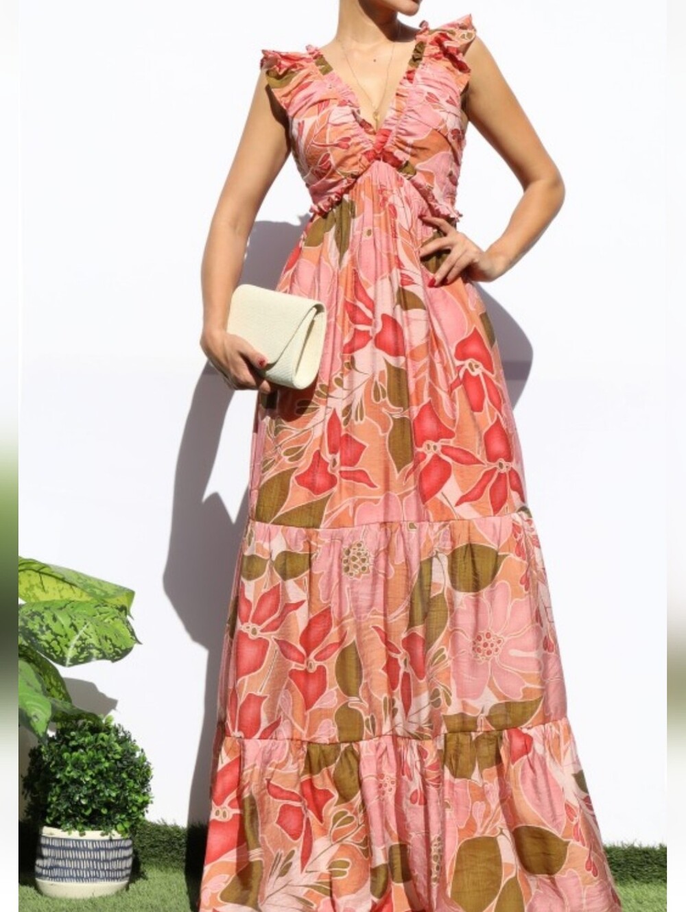 Pink Floral Ruffle V-Neck Maxi Dress-Small NWT